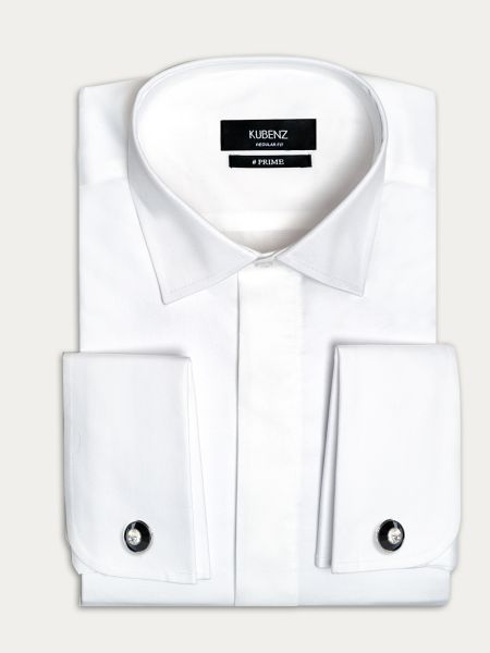 Biała bawełniana koszula regular na spinki z krytą plisą gładka ANSELMO