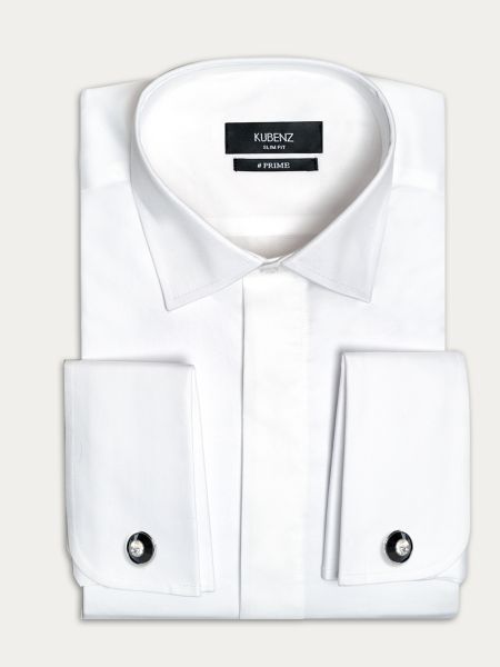 Biała bawełniana koszula slim  na spinki z krytą plisą gładka ANSELMO 2