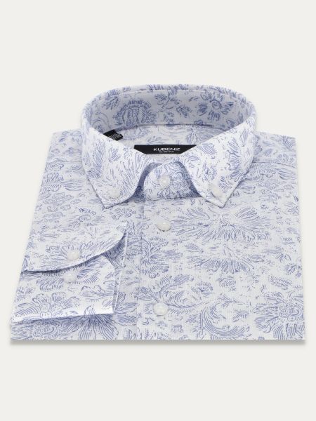 Biała lniana koszula slim z niebieskim nadrukiem ERDAL