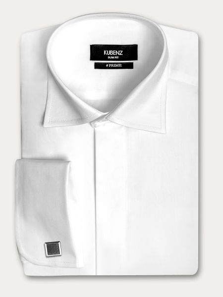Biała bawełniana koszula slim na spinki z krytą plisą gładka SILVESTRO