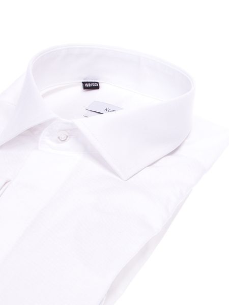 Kremowa bawełniana koszula slim na spinki z krytą plisą gładka LENNART