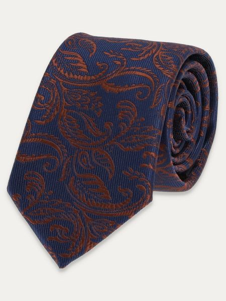 Granatowy krawat męski w brązowe listki