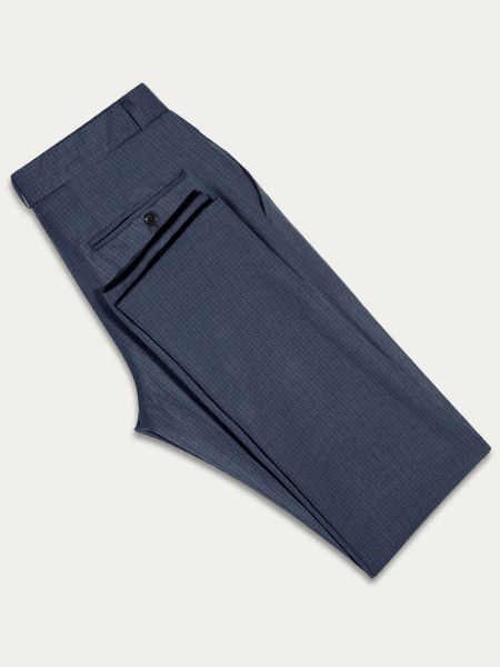 Granatowe bezpatkowe spodnie garniturowe slim w kratę FAST