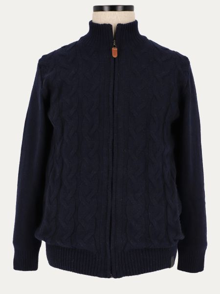 Granatowy rozpinany sweter z wełny szetlandzkiej o grubym warkoczowym spocie NATURAL DORSET