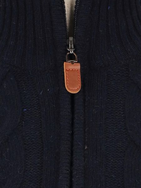 Granatowy rozpinany sweter z wełny szetlandzkiej o grubym warkoczowym spocie NATURAL DORSET