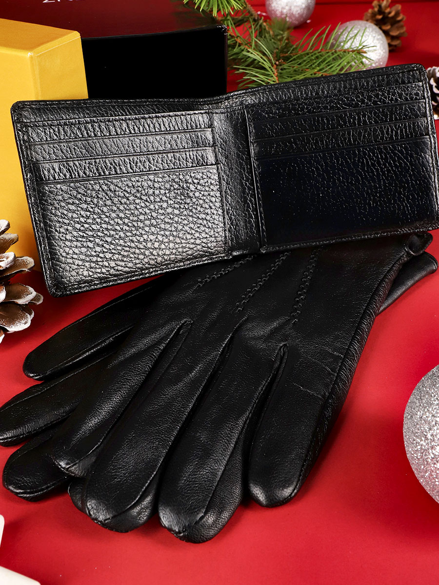 zestaw świąteczny dla mężczyzny, czarne skórzane rękawiczki, czarny skórzany portfel