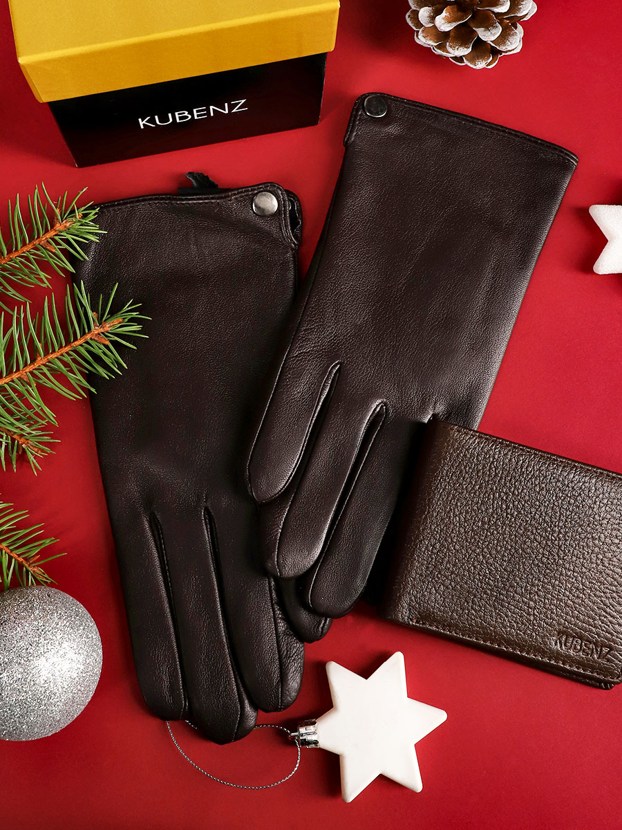 zestaw świąteczny dla mężczyzny, brązowe skórzane rękawiczki, brązowy skórzany portfel